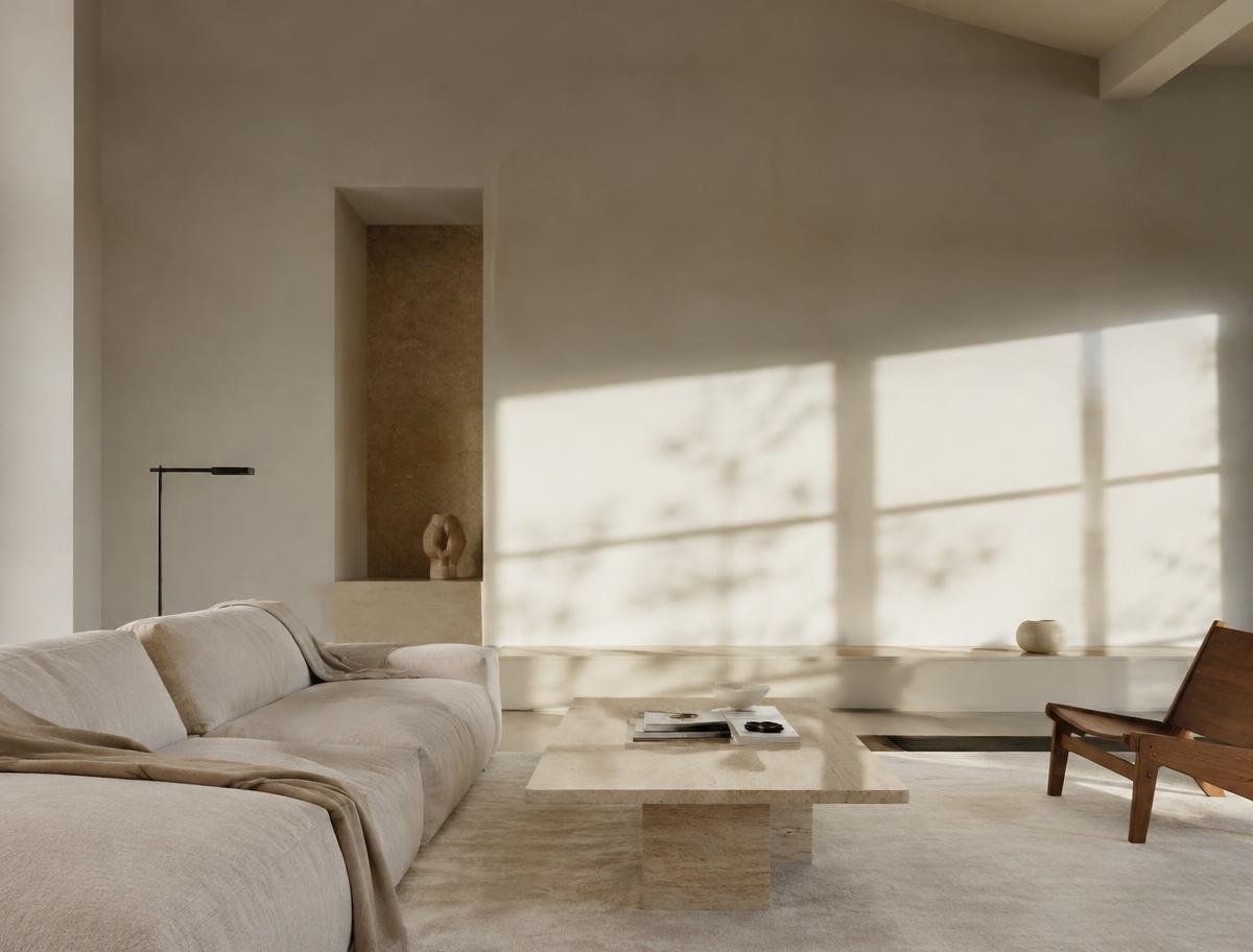 Minimal living room with a travertine table
