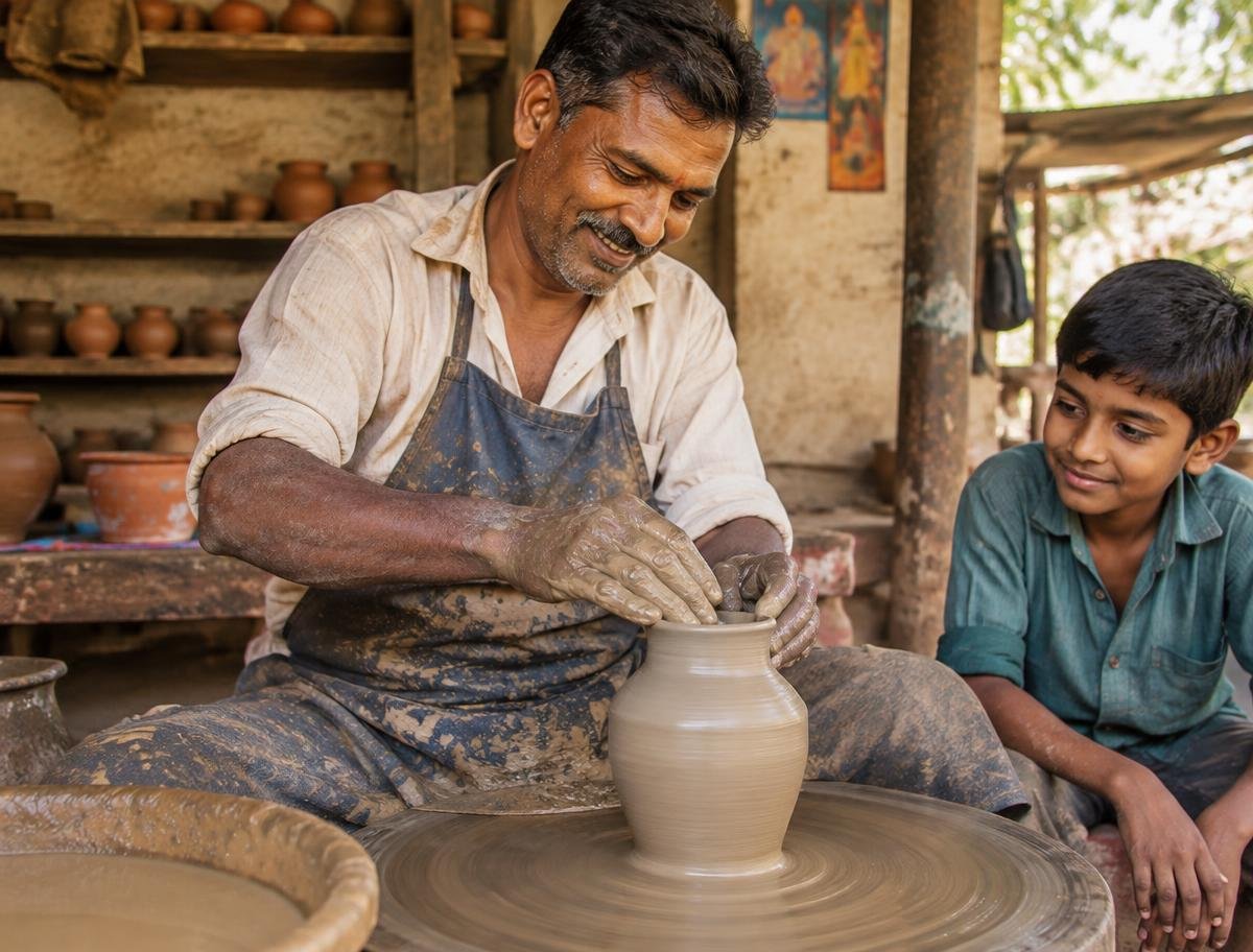 Potter shaping clay on a wheel in a local workshop