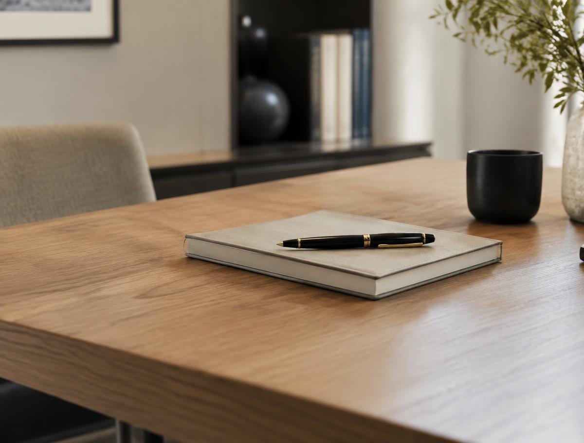 Notebook and pen on an oak desk in a calm office